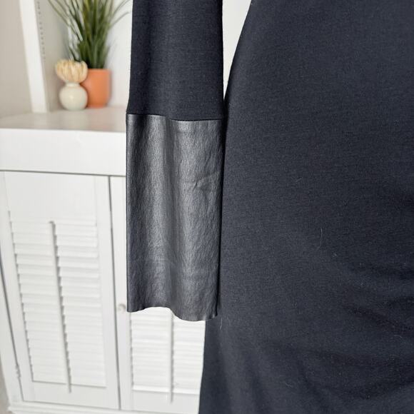 Joseph Black Wool Leather Sleeve Ruched V-Neck Muriel Midi Dress Size 10 - Picture 6 of 10